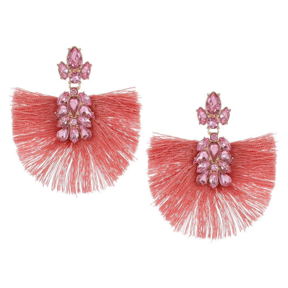 Pink Stone and Coral Fabric Fun Fashion Tassel Earrings on Rose Gold