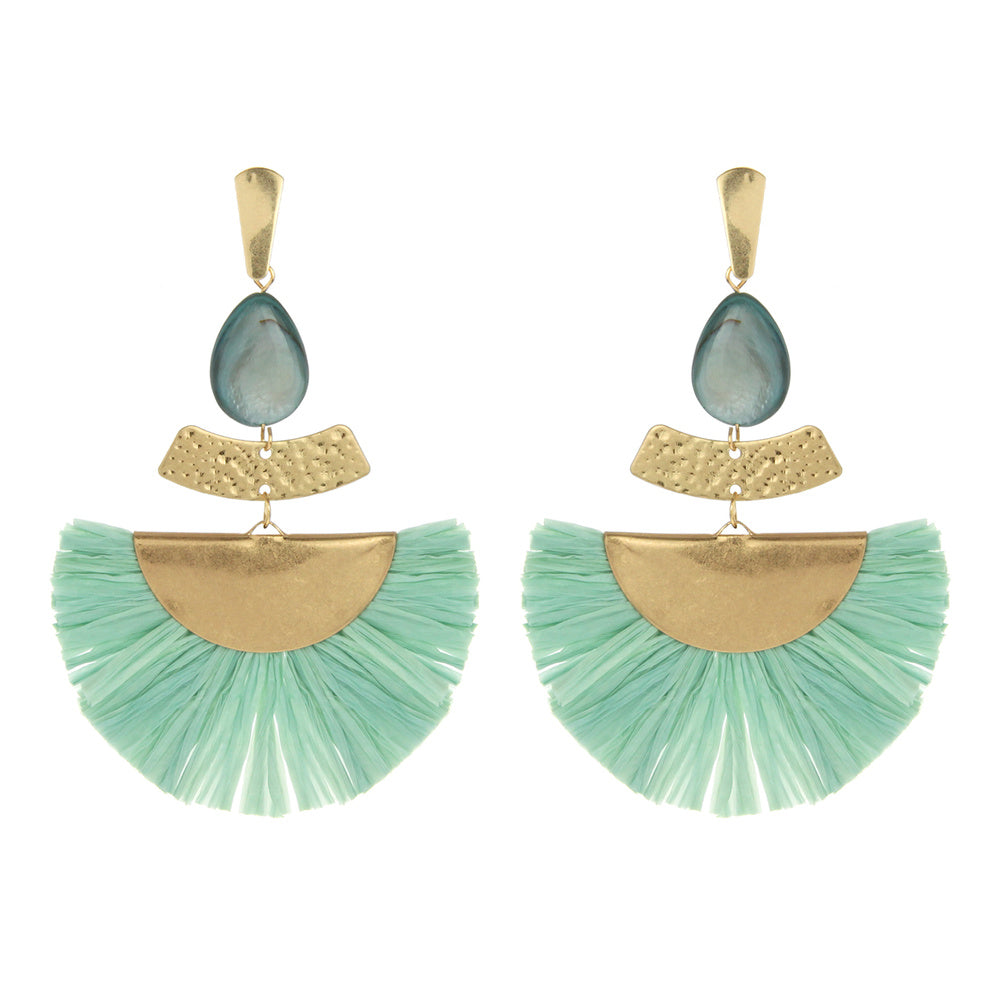 Teal Raffia Drop Tassel Fun Fashion Earrings