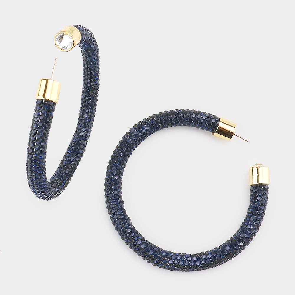 Navy Rhinestone Half Hoop Earrings