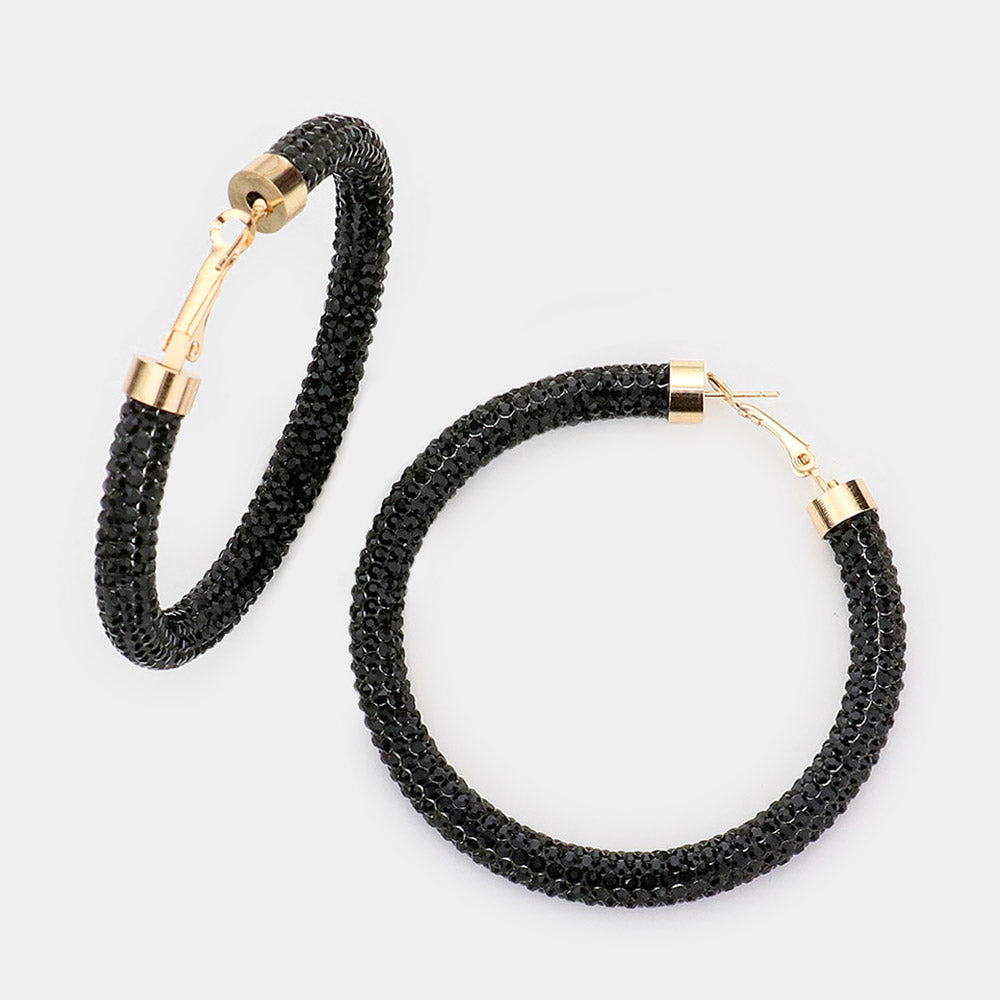 Black Rhinestone Half Hoop Earrings | 2.5"
