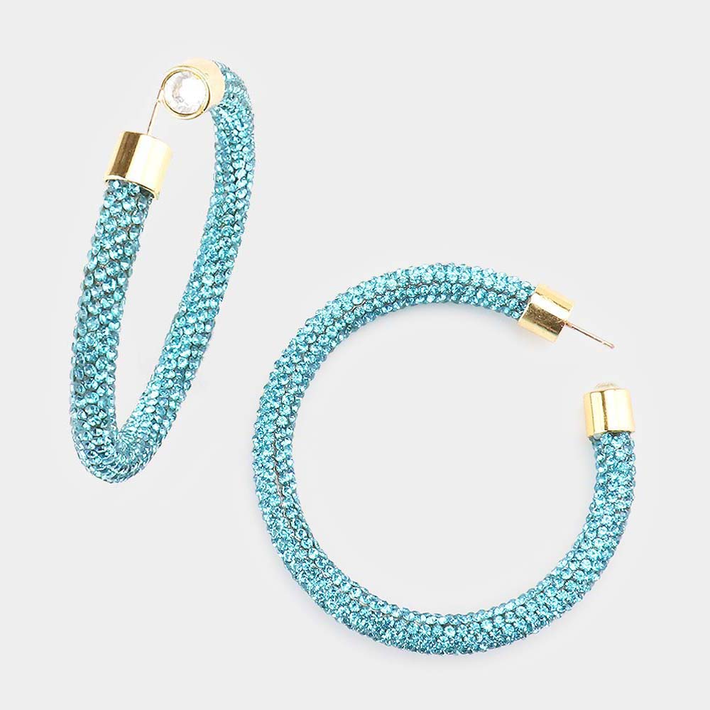 Aqua Rhinestone Half Hoop Earrings