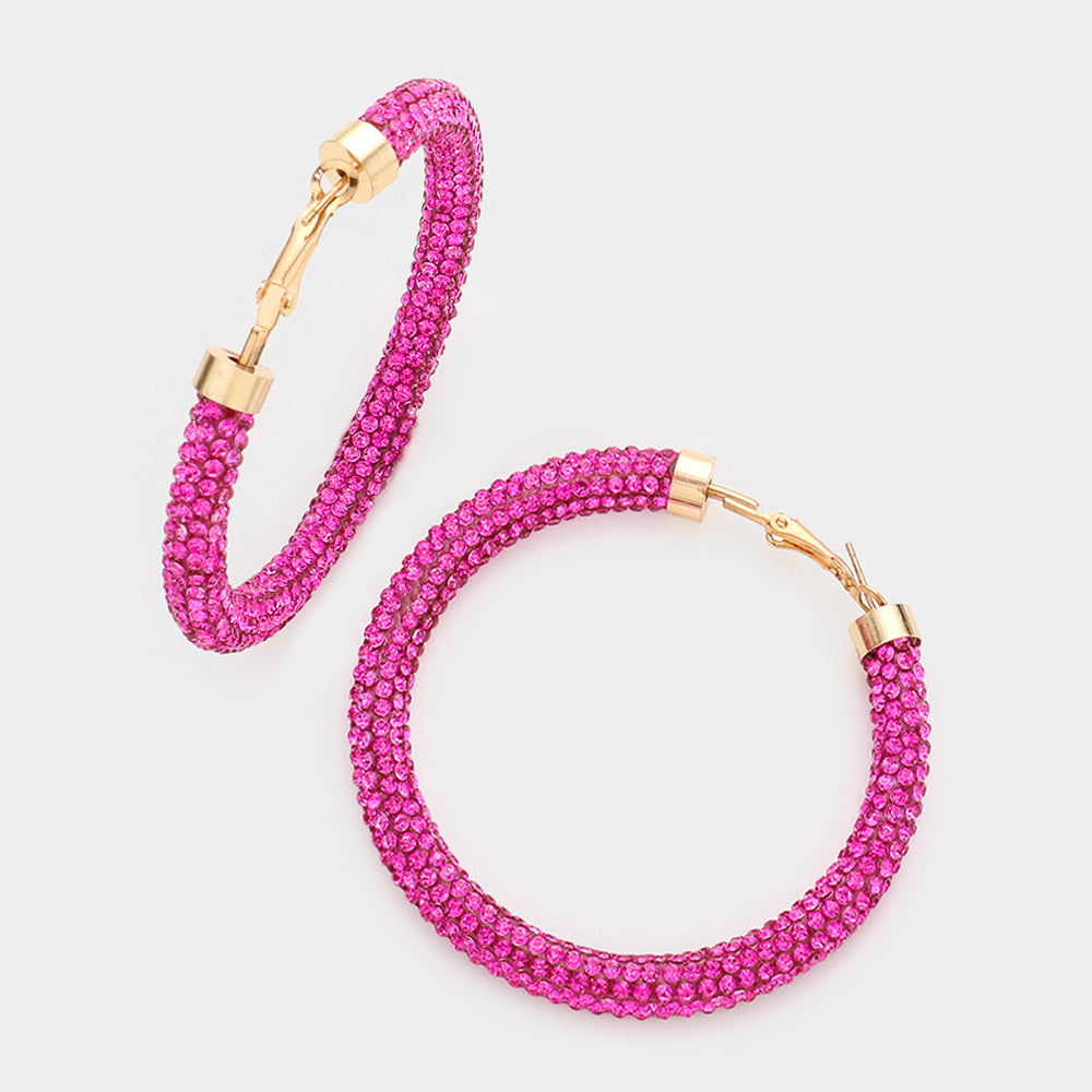 Pink Rhinestone Hoop Earrings | 2.5" 