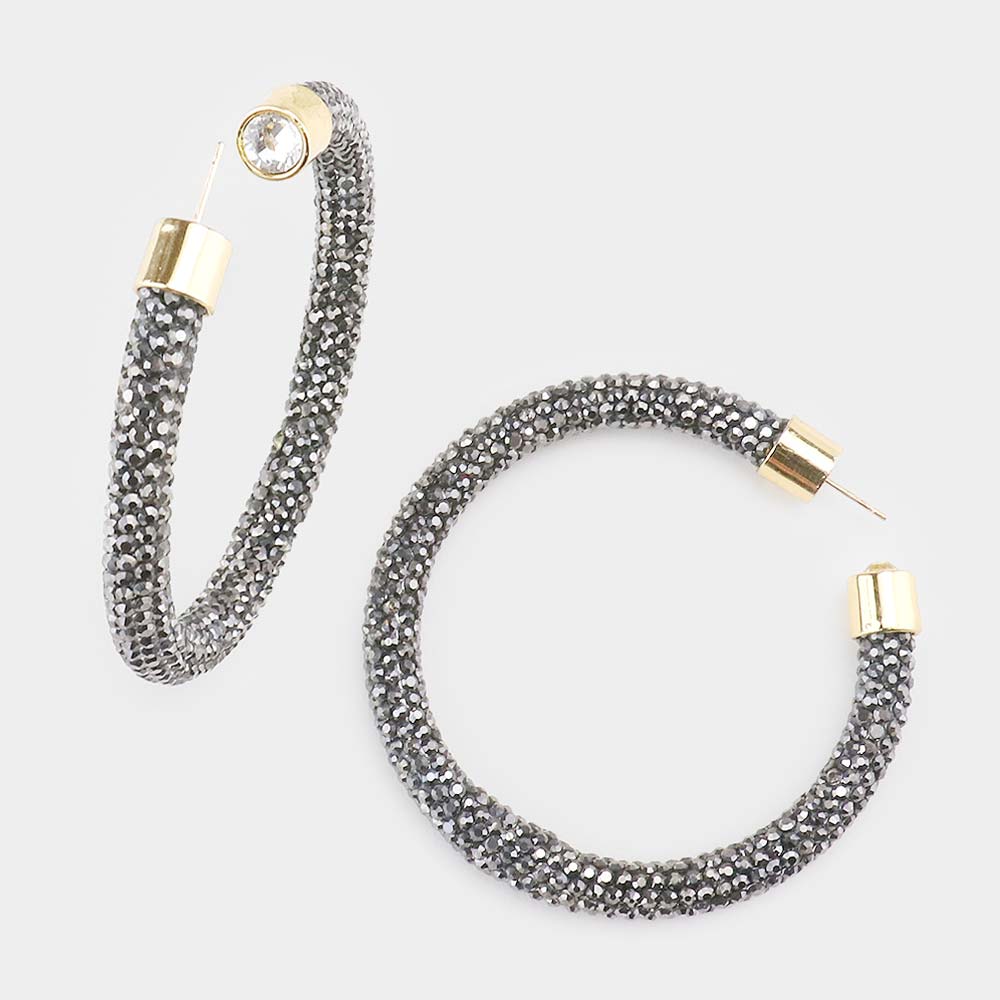 Hematite-Gray Rhinestone Half Hoop Earrings | 2.5" | 482478