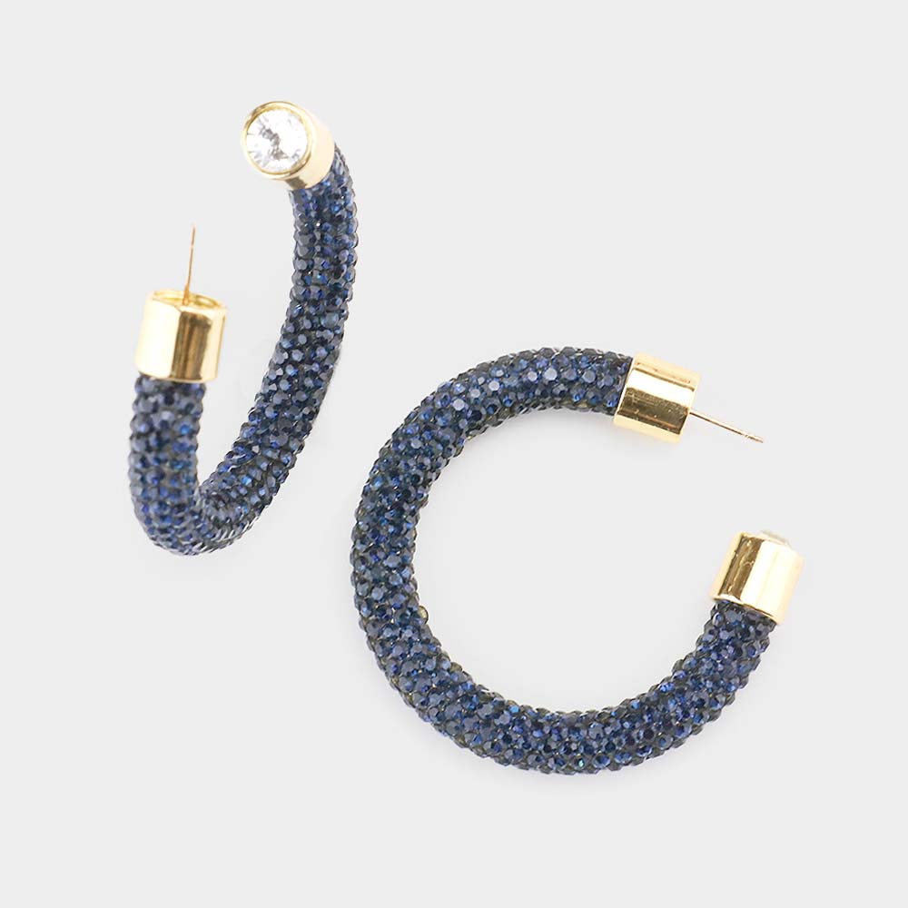 Navy Rhinestone Half Hoop Earring | 1.75" | 482483