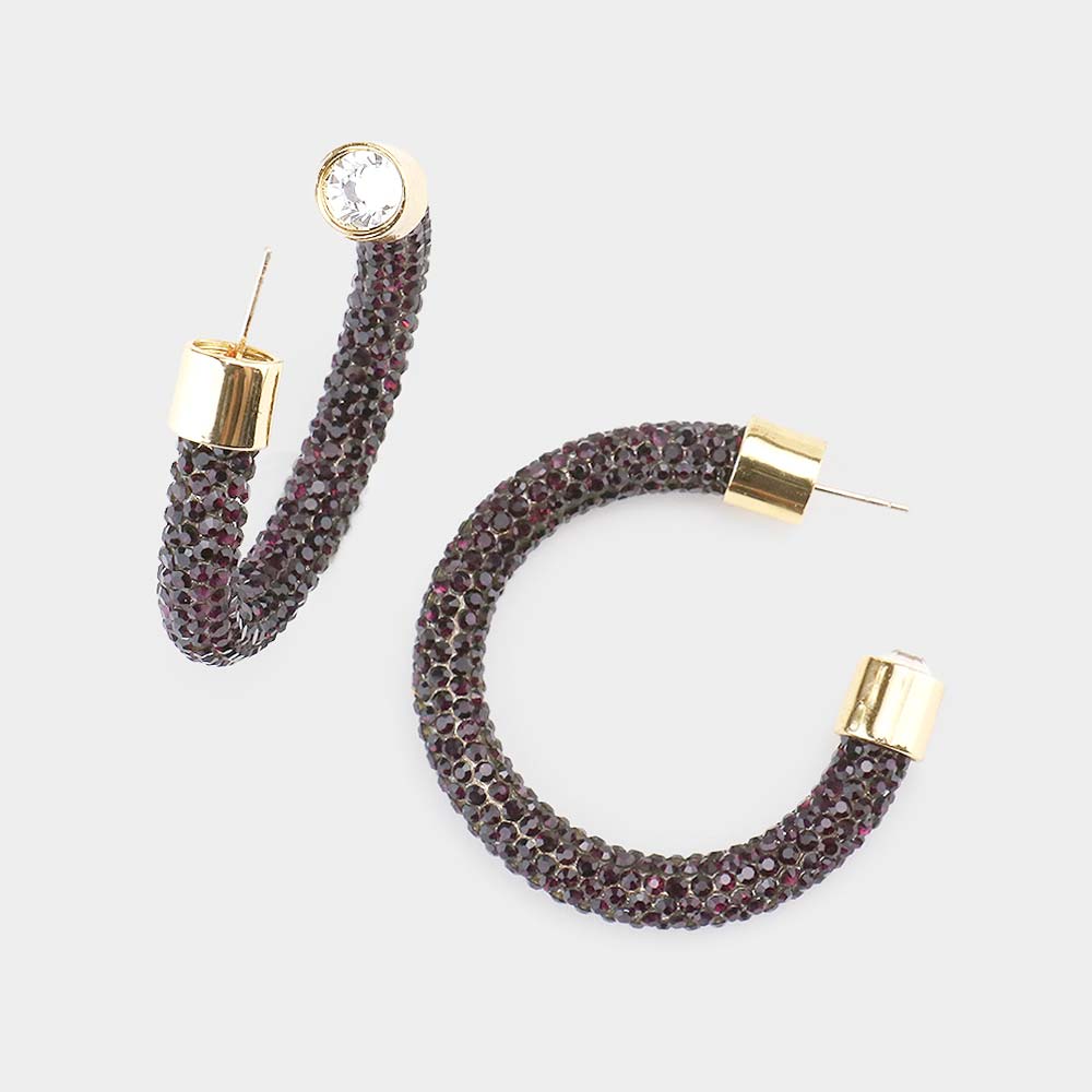 Dark Red Rhinestone Half Hoop Earring | 1.75" | 482484
