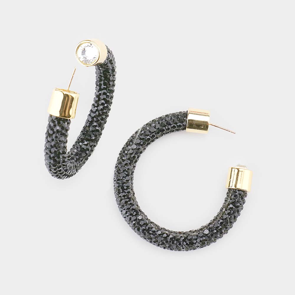 Jet Black Rhinestone Half Hoop Earring