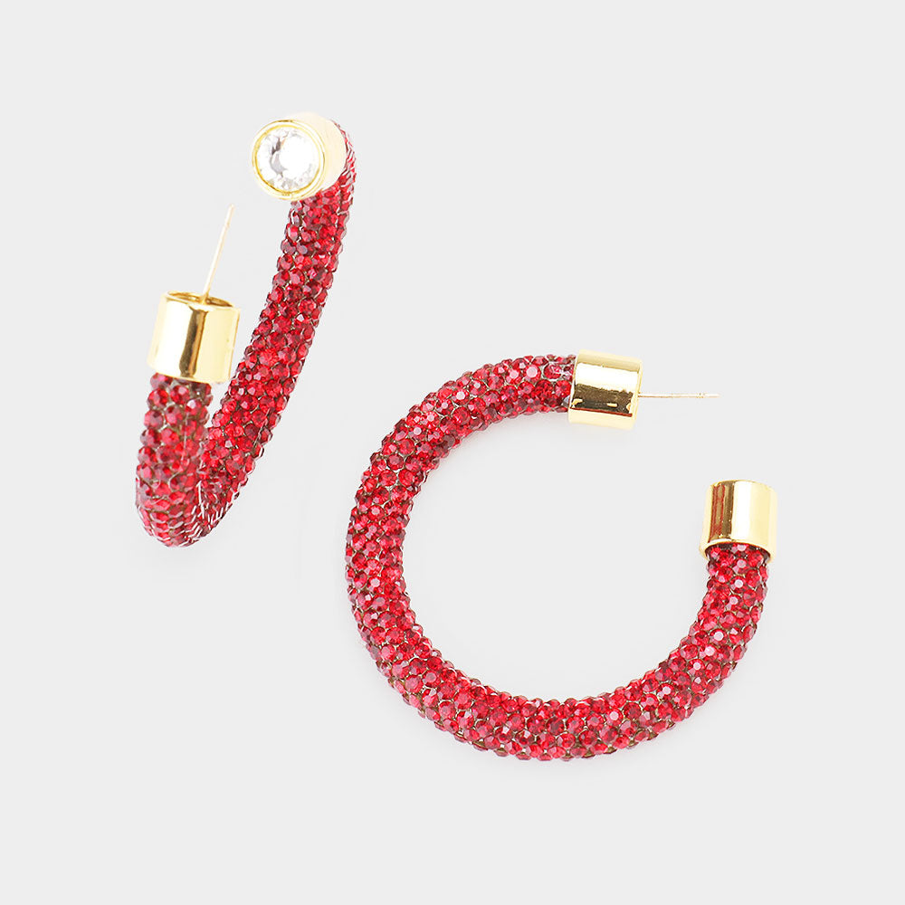 Dark Red Rhinestone Half Hoop Earring 