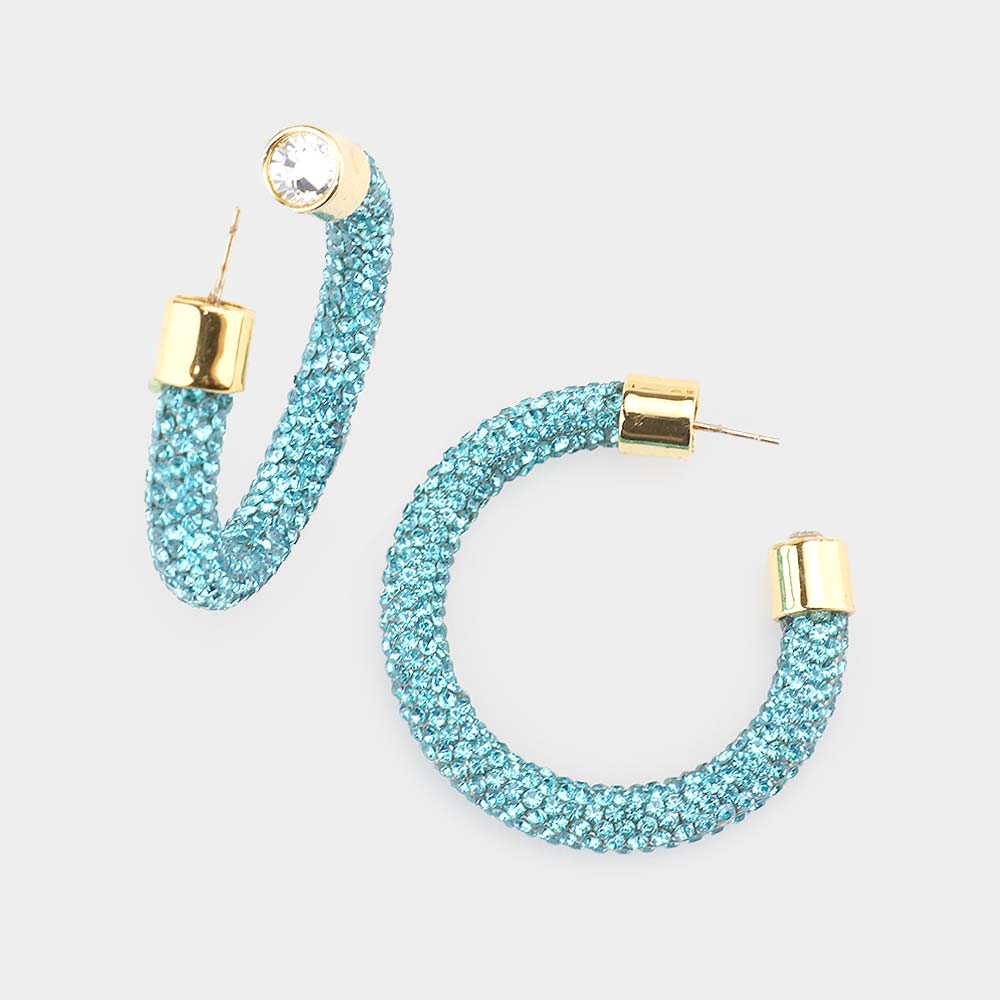 Aqua Rhinestone Half Hoop Earring 