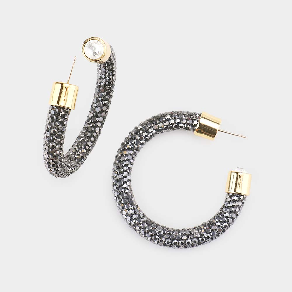 Hematite Rhinestone Half Hoop Earring 