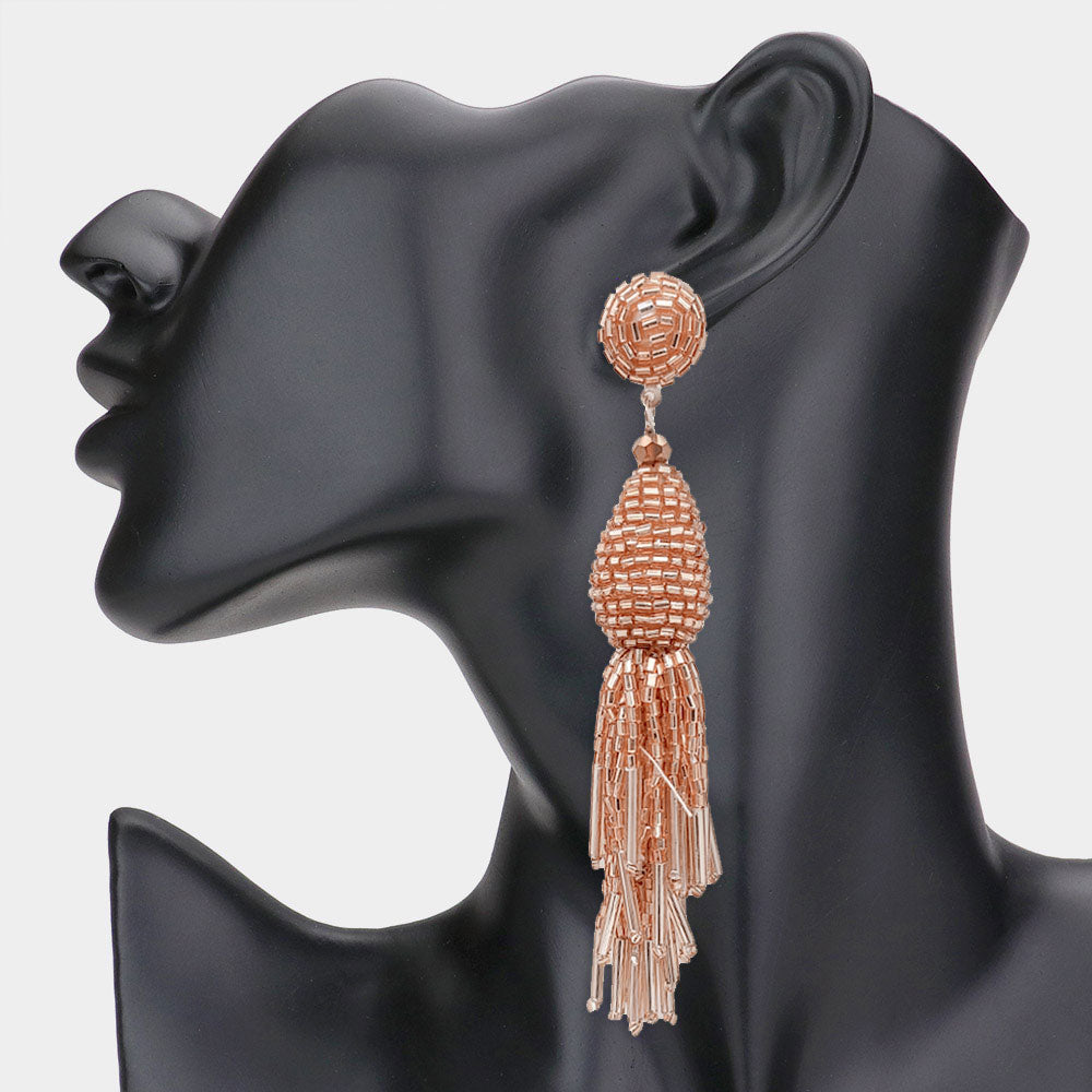 Rose Gold Beaded Tassel Fun Fashion Dangle Earrings 