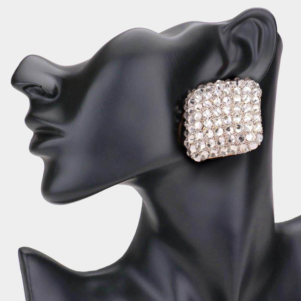 Clear Crystal Stoned Embellished Square Pageant Earrings on Gold | Prom Earrings | 562182