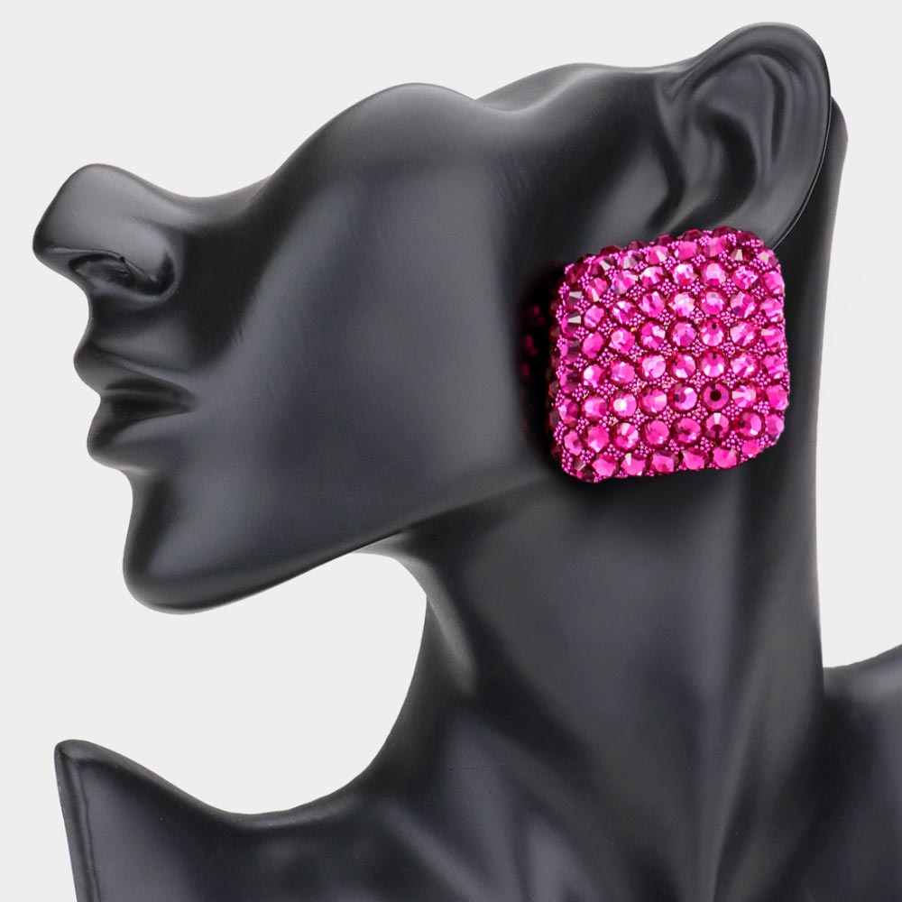 Fuchsia Crystal Stoned Embellished Square Pageant Earrings | Prom Earrings