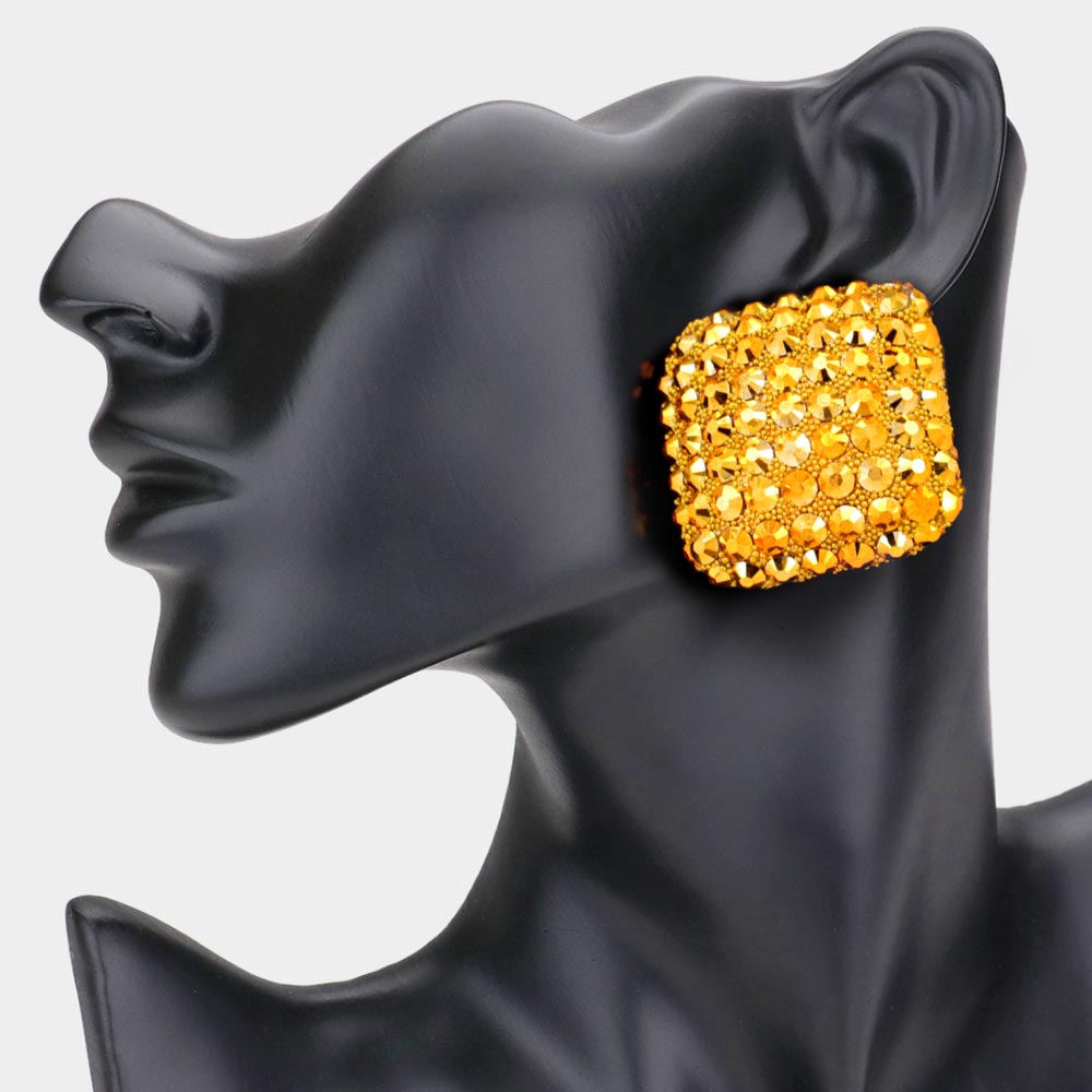 Mustard Crystal Stoned Embellished Square Pageant Earrings | Prom Earrings