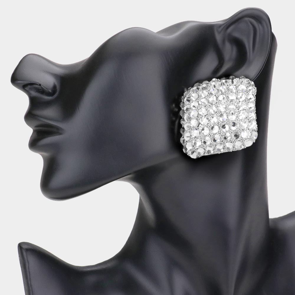 Clear Crystal Stoned Embellished Square Pageant Earrings | Prom Earrings
