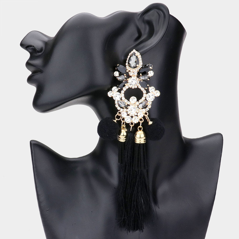 Long Fun Fashion Earrings with Black Pom Pom and Tassel | Runway Earrings