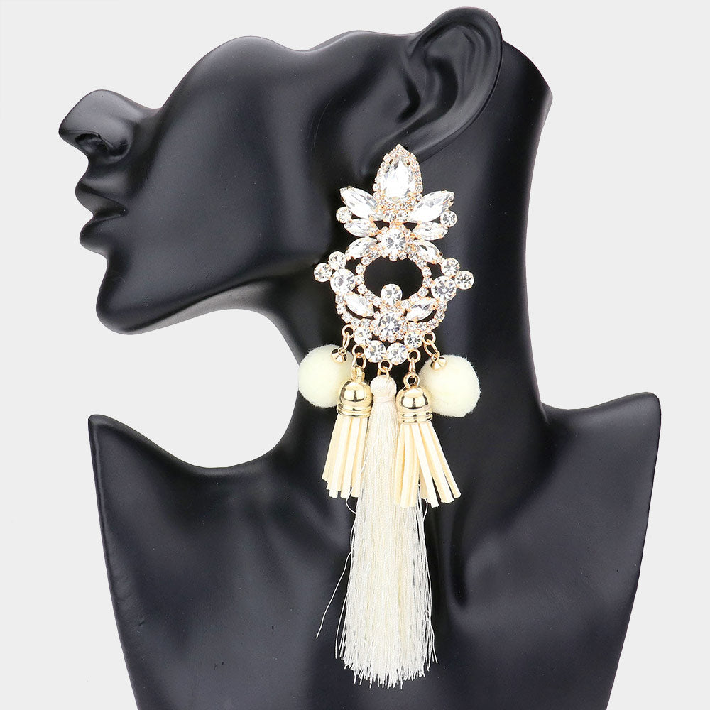 Long Fun Fashion Earrings with Ivory Pom Pom and Tassel | Runway Earrings
