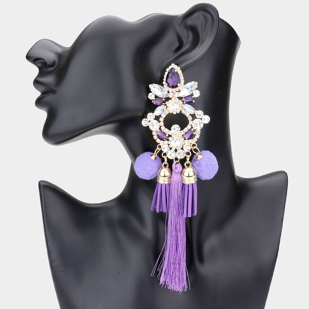 Long Fun Fashion Earrings with Purple Pom Pom and Tassel | Runway Earrings