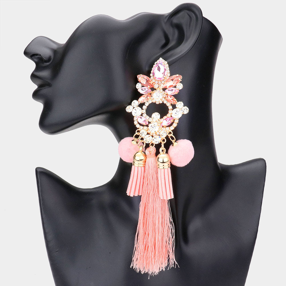 Long Fun Fashion Earrings with Peach Pom Pom and Tassel | Runway Earrings