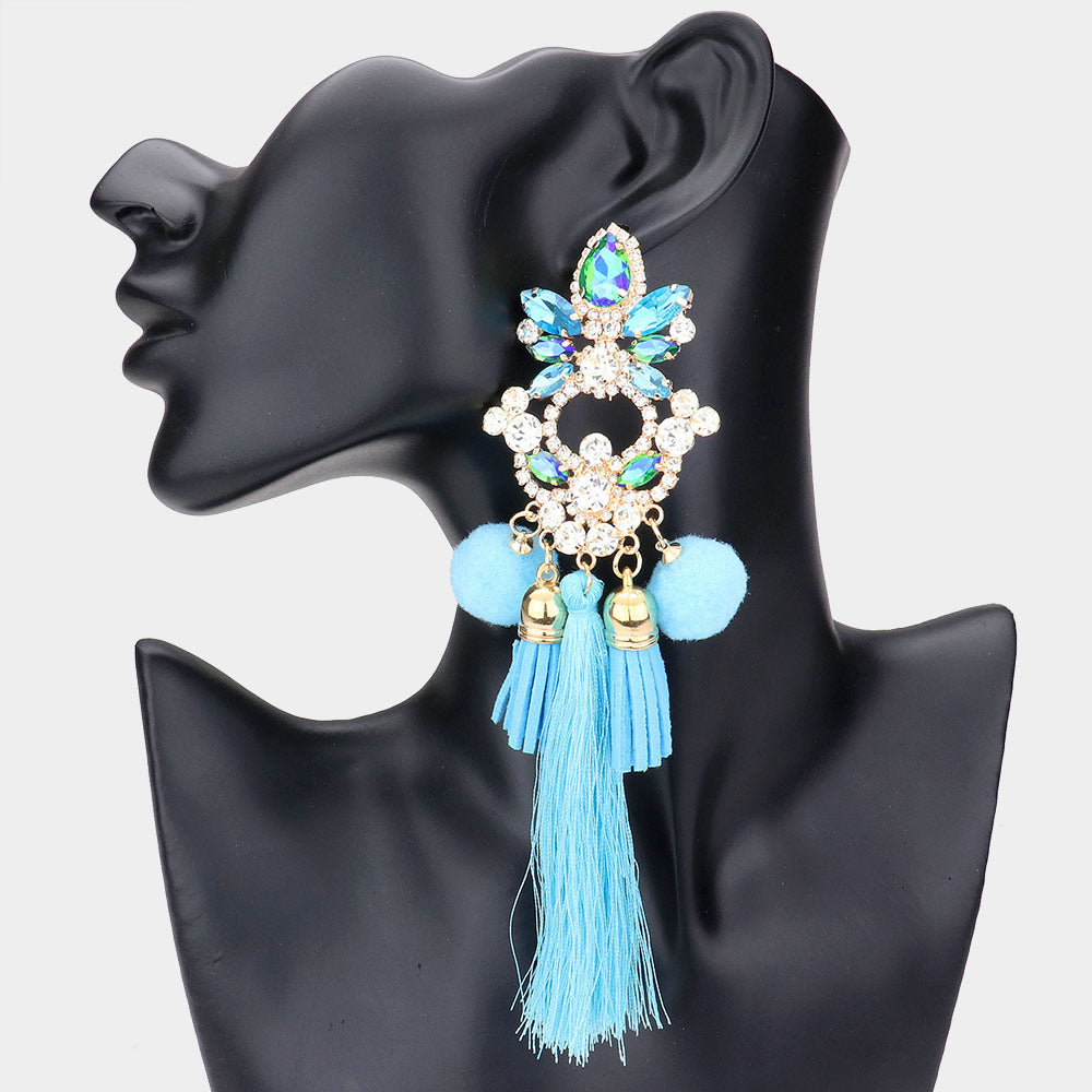 Long Fun Fashion Earrings with Turquoise Pom Pom and Tassel | Runway Earrings