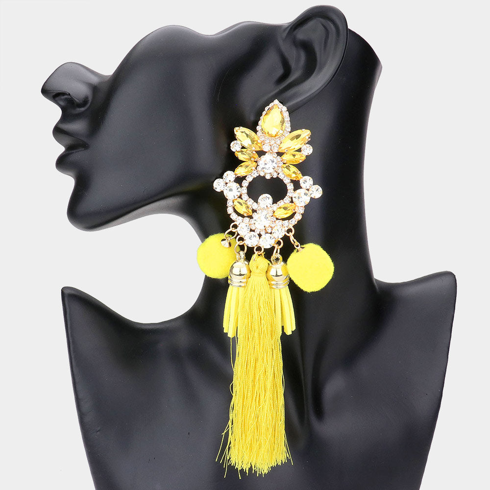 Long Fun Fashion Earrings with Yellow Pom Pom and Tassel | Runway Earrings