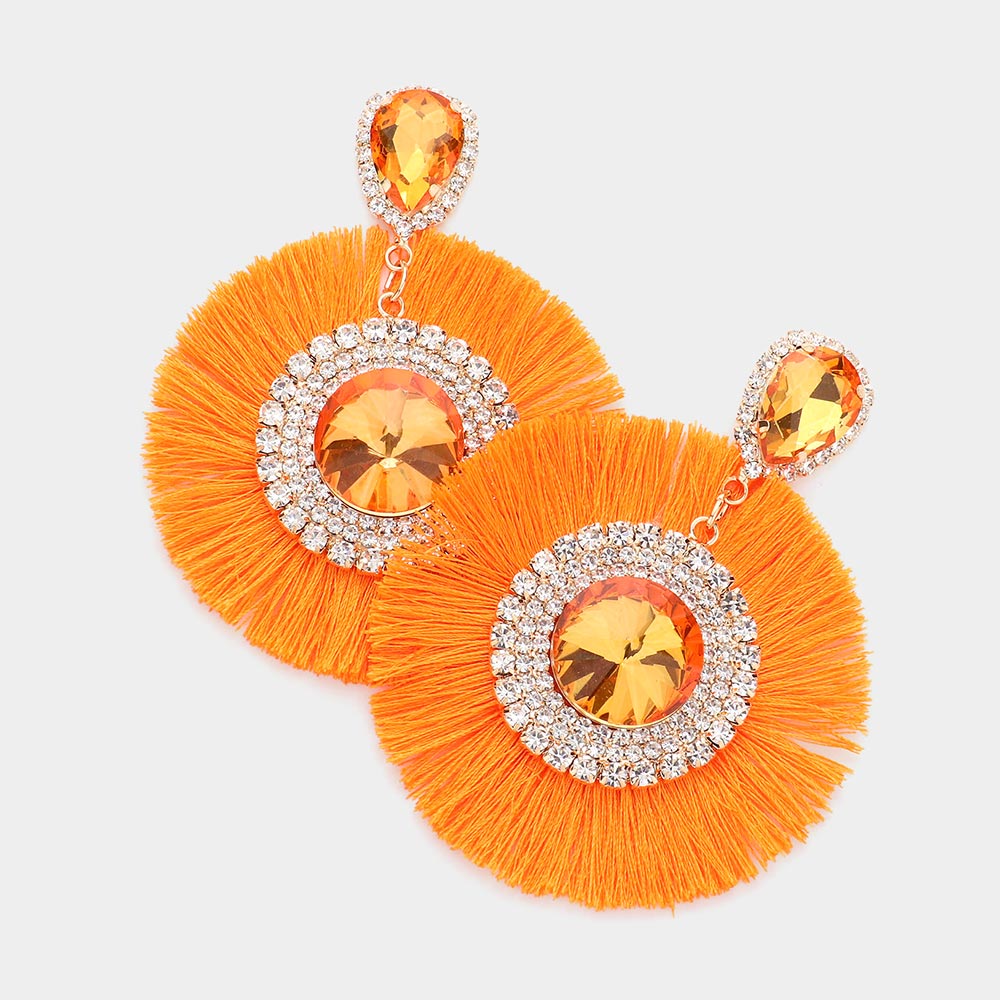 Over Sized Orange Round Stone Tassel Fringe Pageant Earrings | Fun Fashion Earrings 