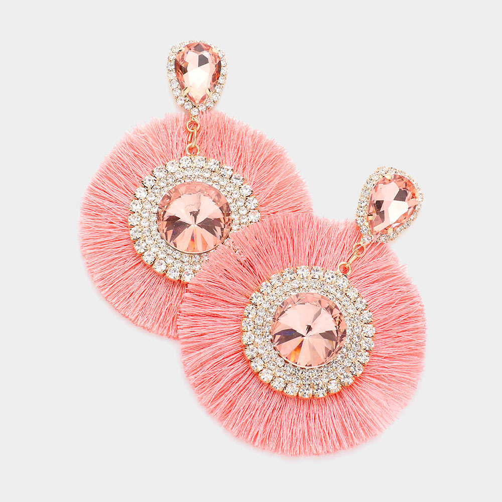 Over Sized Peach Round Stone Tassel Fringe Pageant Earrings | Fun Fashion Earrings 