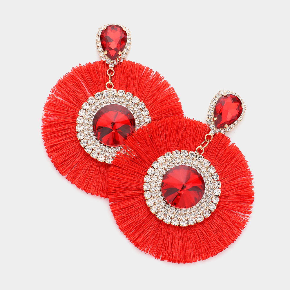 Over Sized Red Round Stone Tassel Fringe Pageant Earrings | Fun Fashion Earrings