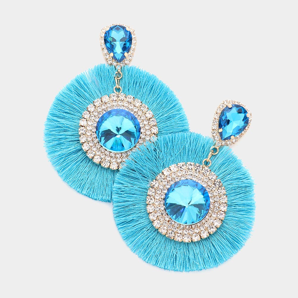 Over Sized Turquoise Round Stone Tassel Fringe Pageant Earrings | Fun Fashion Earrings