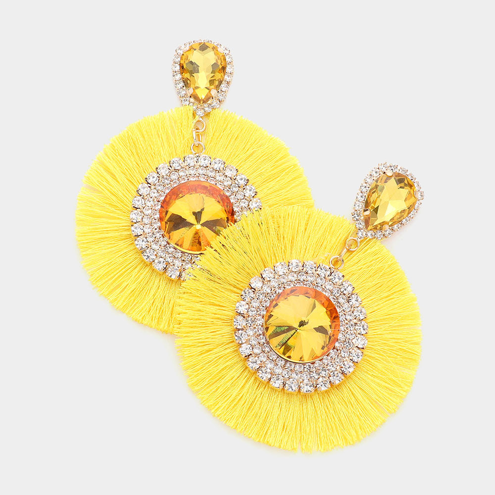 Over Sized Yellow Round Stone Tassel Fringe Pageant Earrings | Fun Fashion Earrings