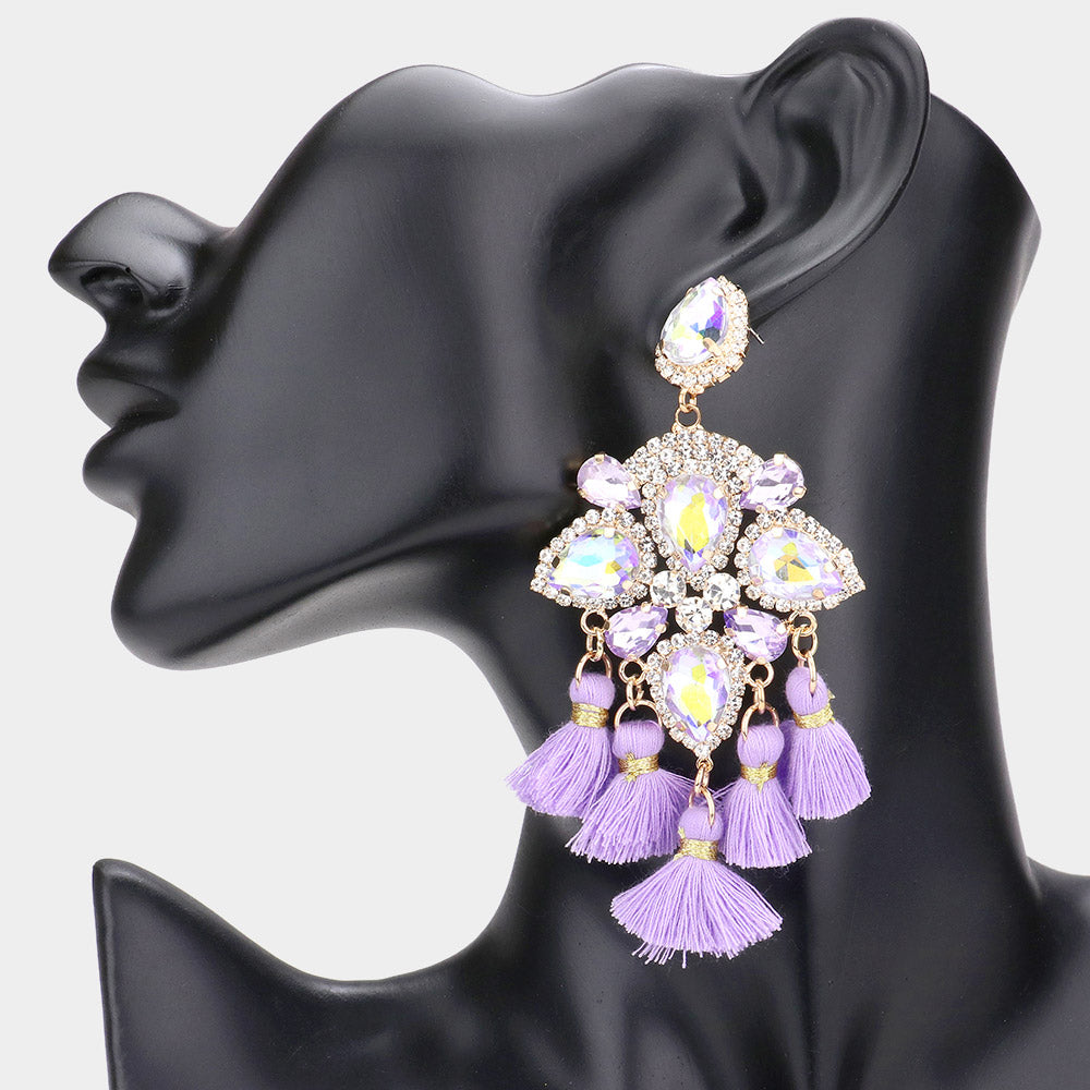 Lavender Crystal and Tassel Flower Fun Fashion Chandelier Earrings