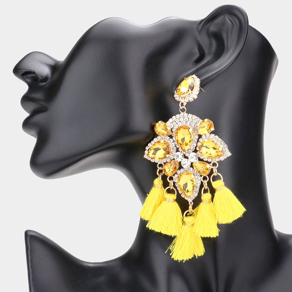 Yellow Crystal and Tassel Flower Fun Fashion Chandelier Earrings 