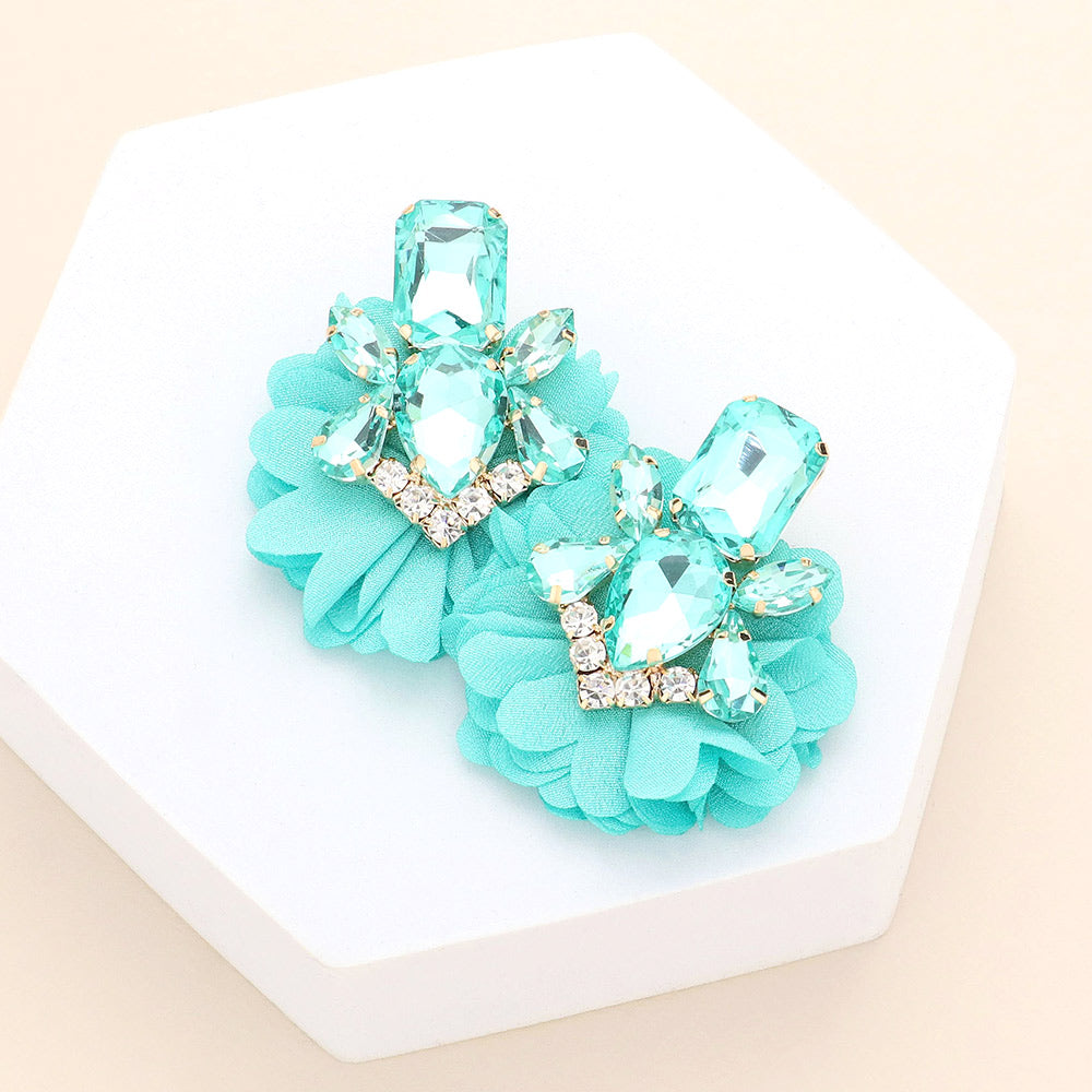 Elegant Multi Mint Stone Embellished Fabric Cluster Pageant Earring | Runway Earrings