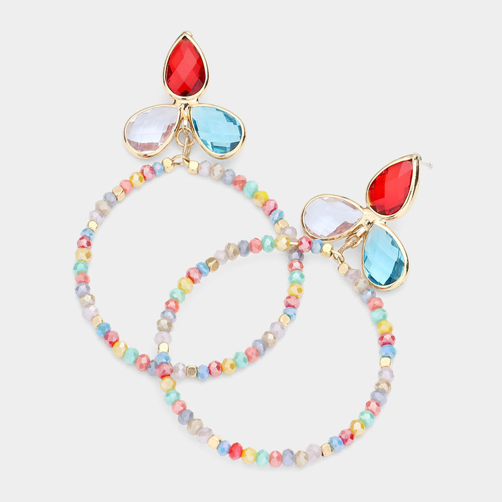 Multi-Color Crystal Teardrop Beaded Open Circle Fun Fashion Earrings