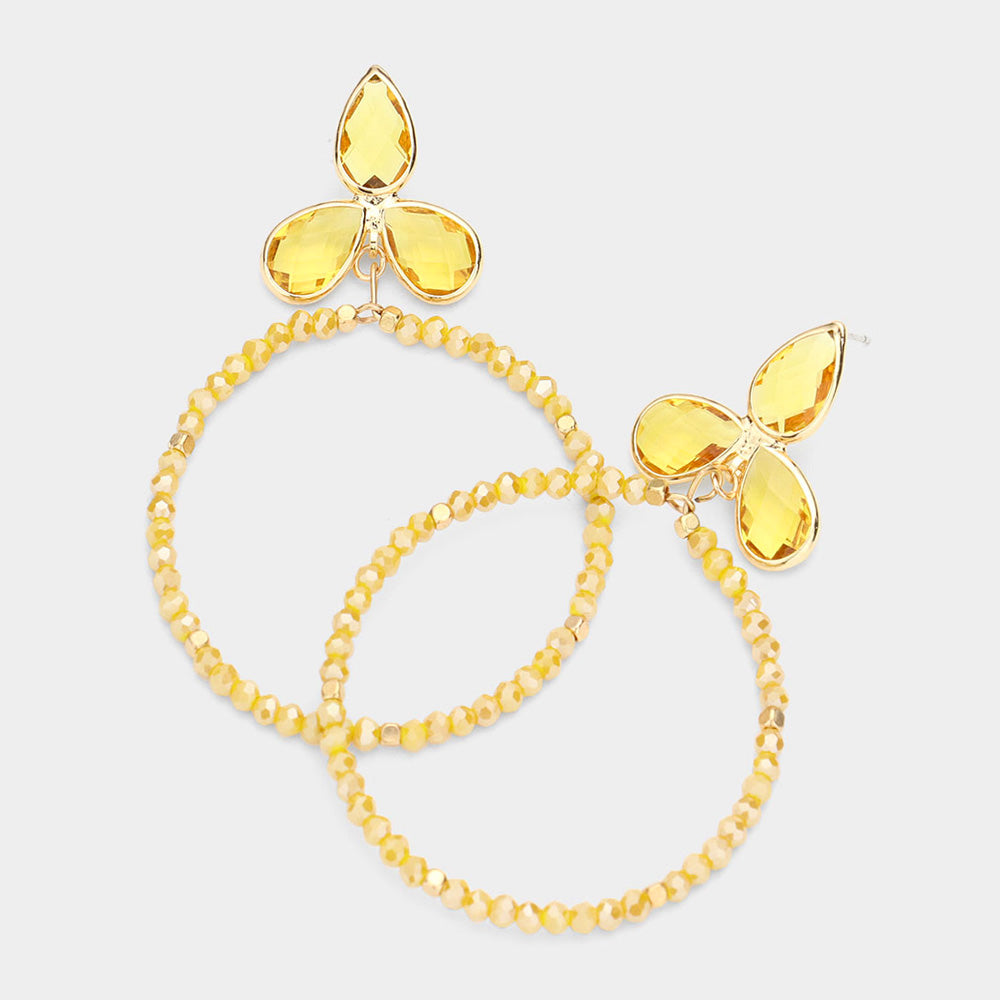 Yellow Crystal Teardrop Beaded Open Circle Fun Fashion Earrings
