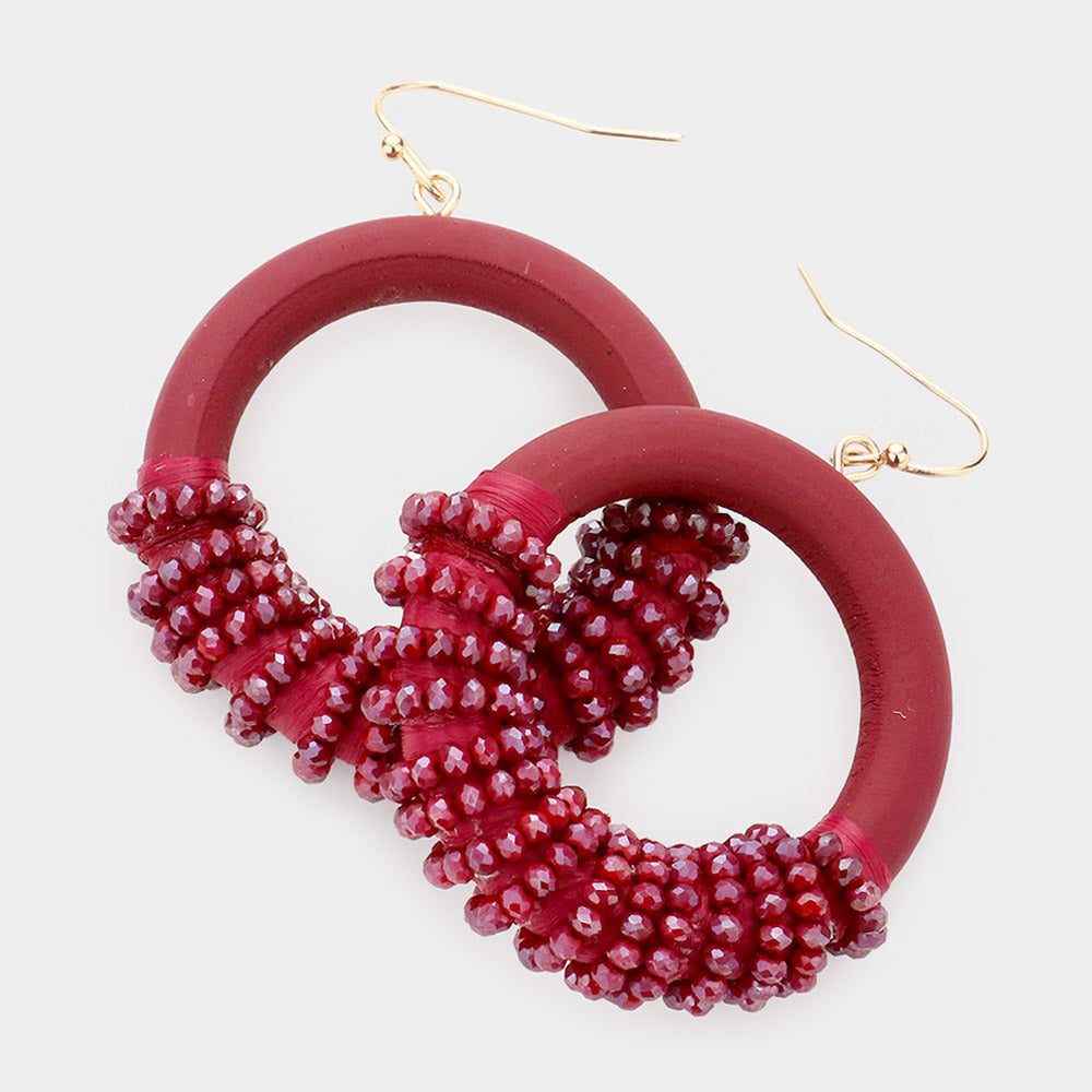 Burgundy Bead Wrapped Circle Fun Fashion Earrings | Runway Earrings