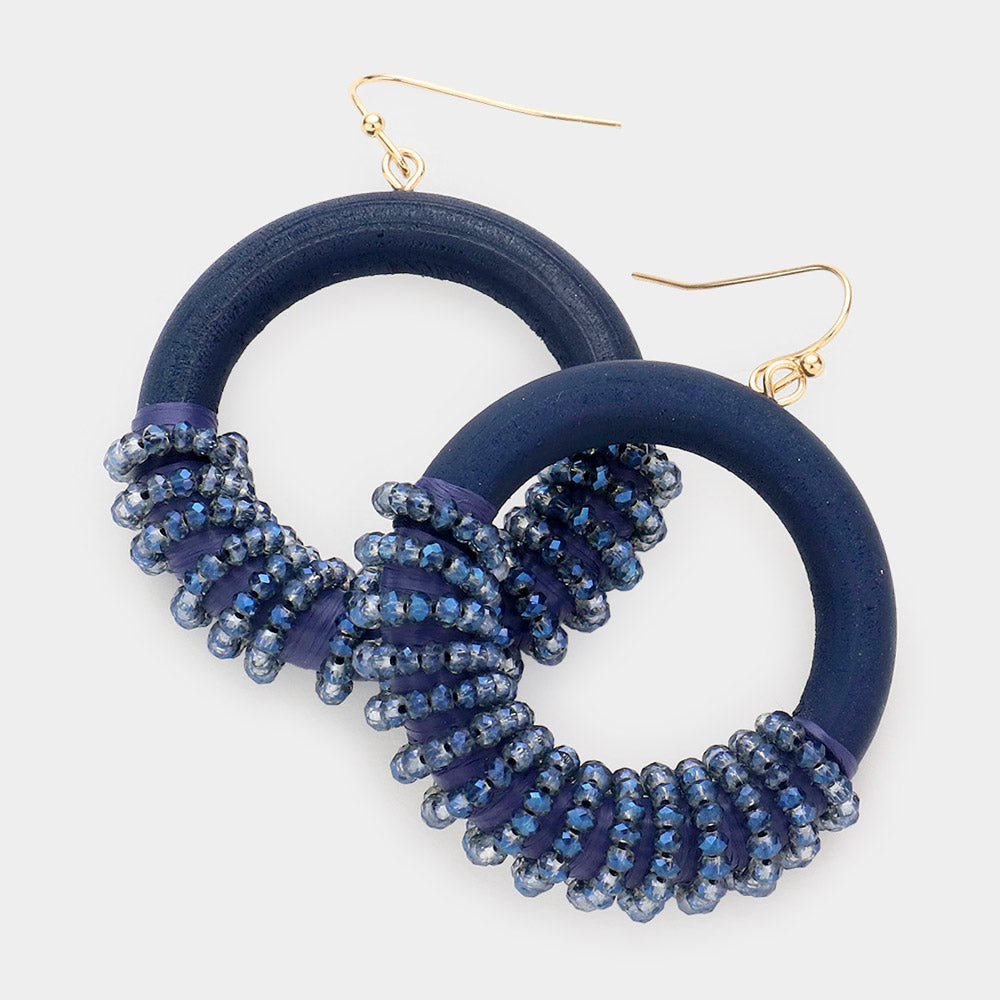 Navy Bead Wrapped Circle Fun Fashion Earrings | Runway Earrings