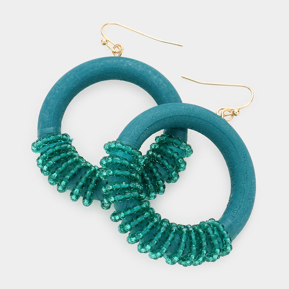 Teal Bead Wrapped Circle Fun Fashion Earrings | Runway Earrings