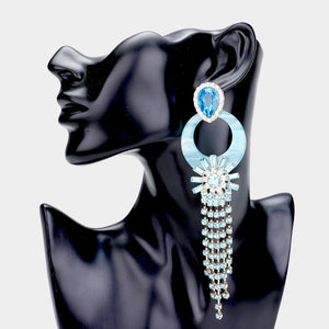 Turquoise/Aqua Cut Out Long Drop Rhinestone Pageant Earrings | 441461