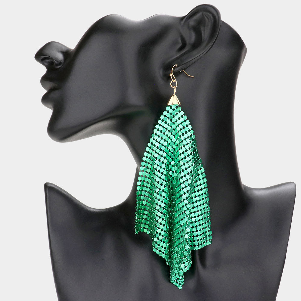Large Green Mesh Chain Dangle Pageant Earrings| Runway Earrings