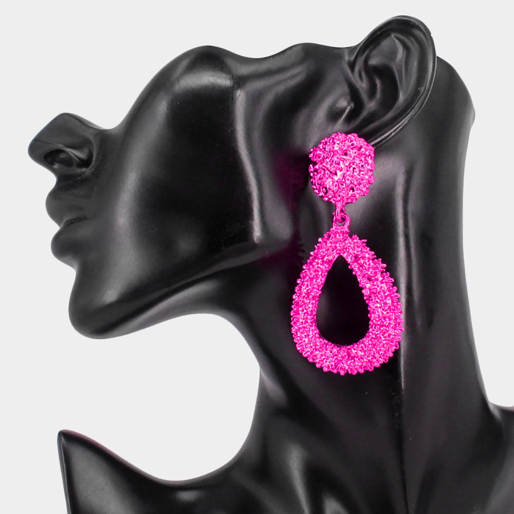 Fuchsia Textured Metal Teardrop Fun Fashion Earrings