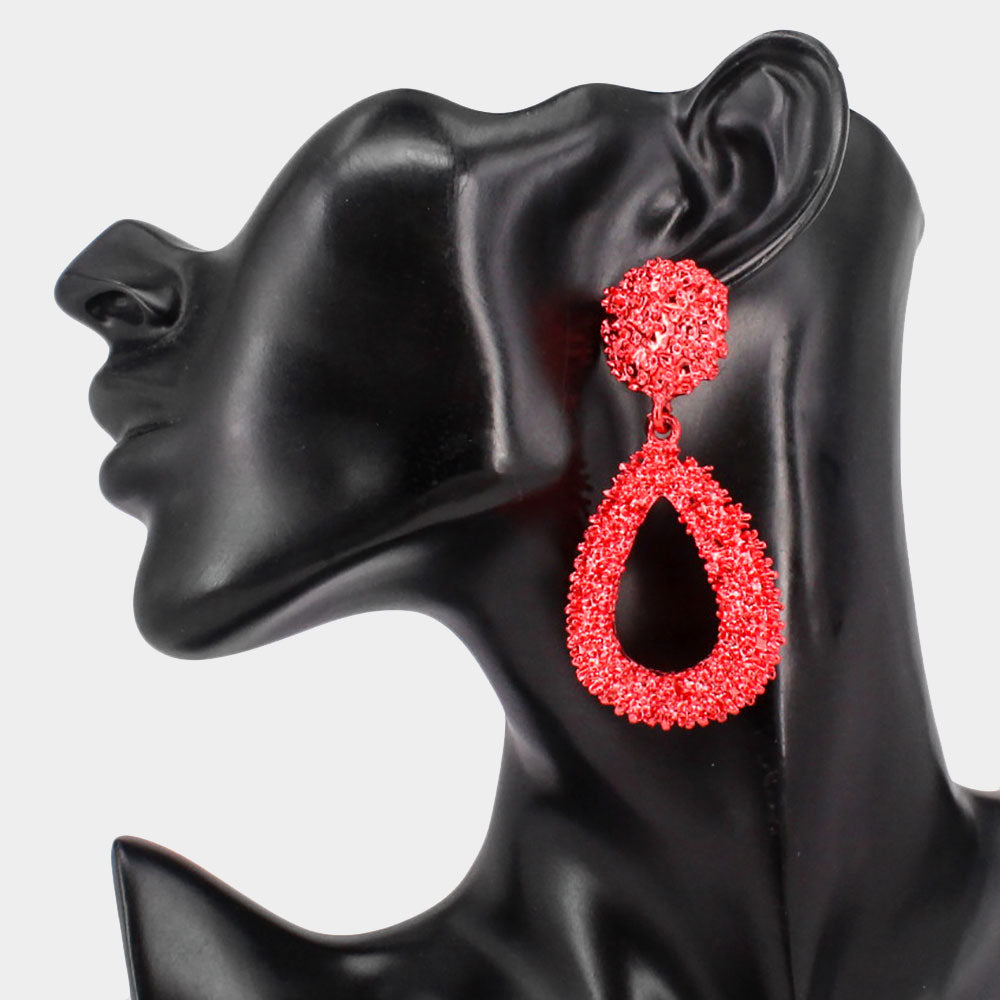Red Textured Metal Teardrop Fun Fashion Earrings
