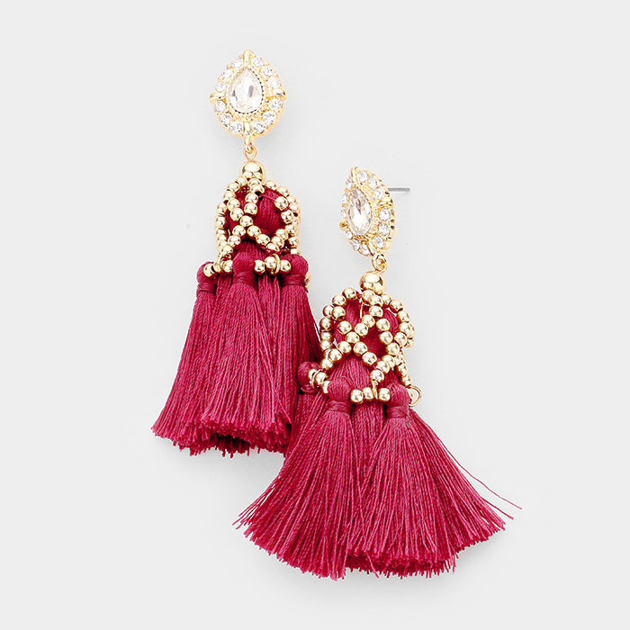 Crystal Teardrop Burgundy Tassel Fun Fashion Earrings