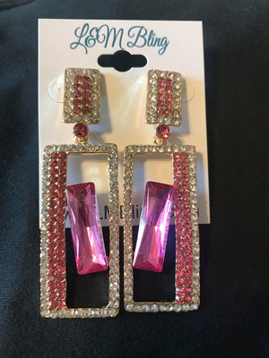 Pink Crystal Rectangle Pageant Earrings | LMBPinkSquare