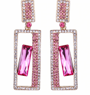 Pink Crystal Rectangle Pageant Earrings | LMBPinkSquare