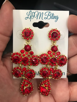 Red Round Crysta and Rhinestone Drop Earrings