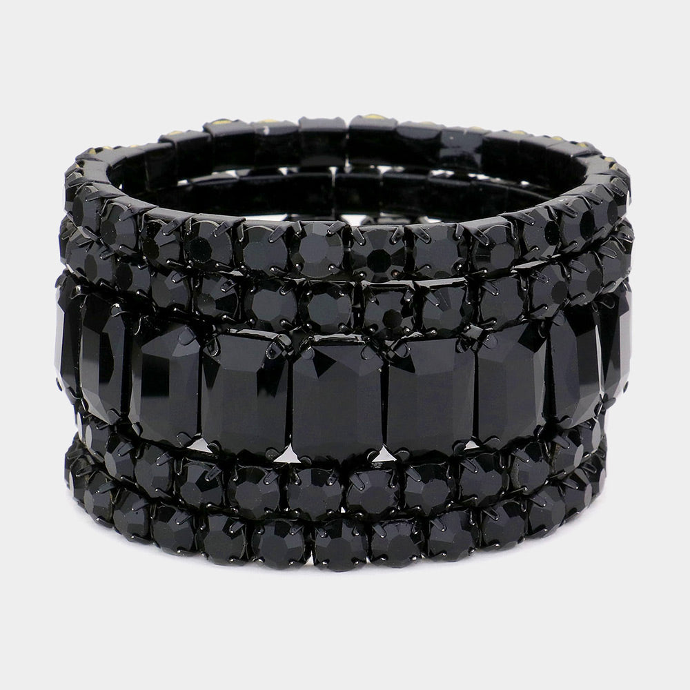 5 Pieces - Black Stone Stretch Multi Layered Pageant Bracelets | Prom Jewelry