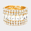 5 Pieces - Clear Stone Stretch Multi Layered Pageant Bracelets on Gold | Prom Jewelry