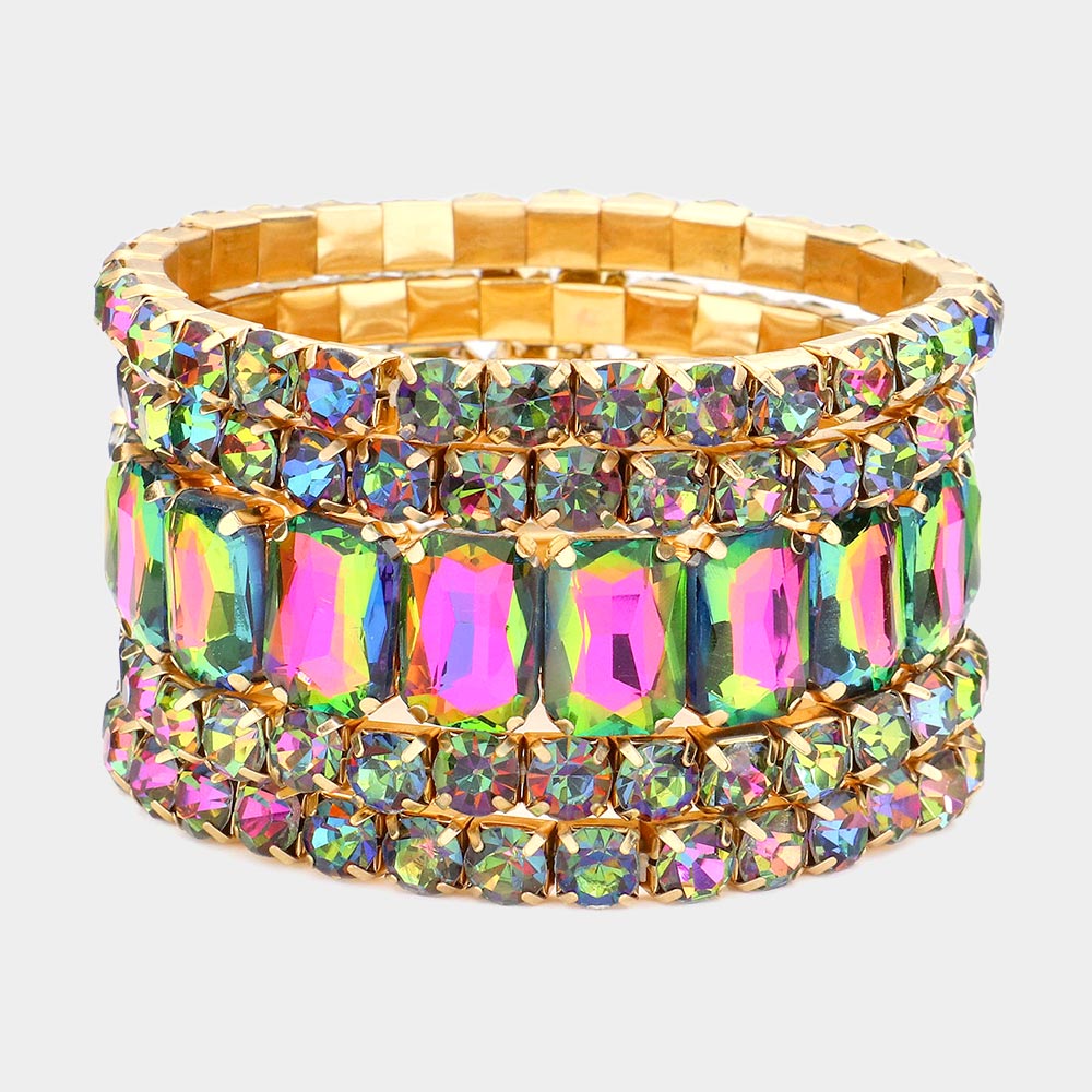 5 Pieces - Multi-Color Stone Stretch Multi Layered Pageant Bracelets | Prom Jewelry