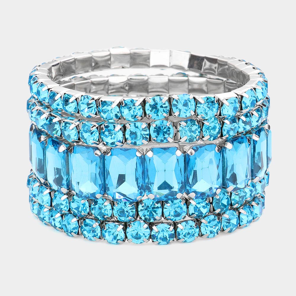 5 Pieces - Aqua Stone Stretch Multi Layered Pageant Bracelets | Prom Jewelry