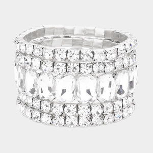 5 Pieces - Clear, Silver Stone Stretch Multi Layered Pageant Bracelets | Prom Jewelry
